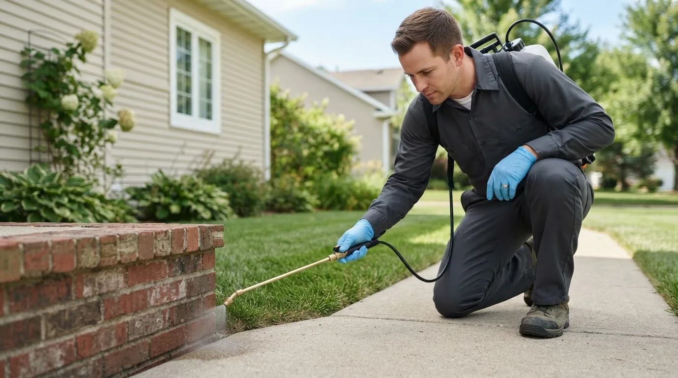 Pest control technician treating a home near Iona, ID